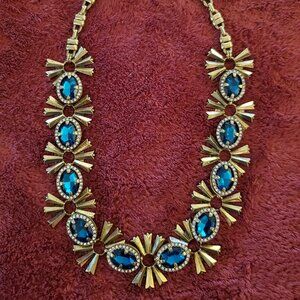 Oscar de la Renta Turquoise Blue Crystals and Gold Metal Bow Necklace